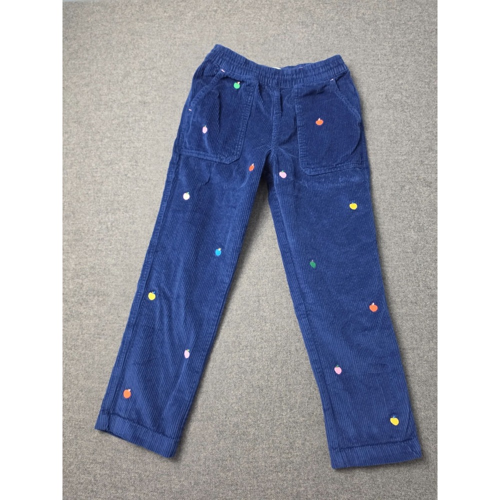 Mini Boden Corduroy Pants Girl 8-9Y Blue Embroidered Apple Elastic Waist Pull On